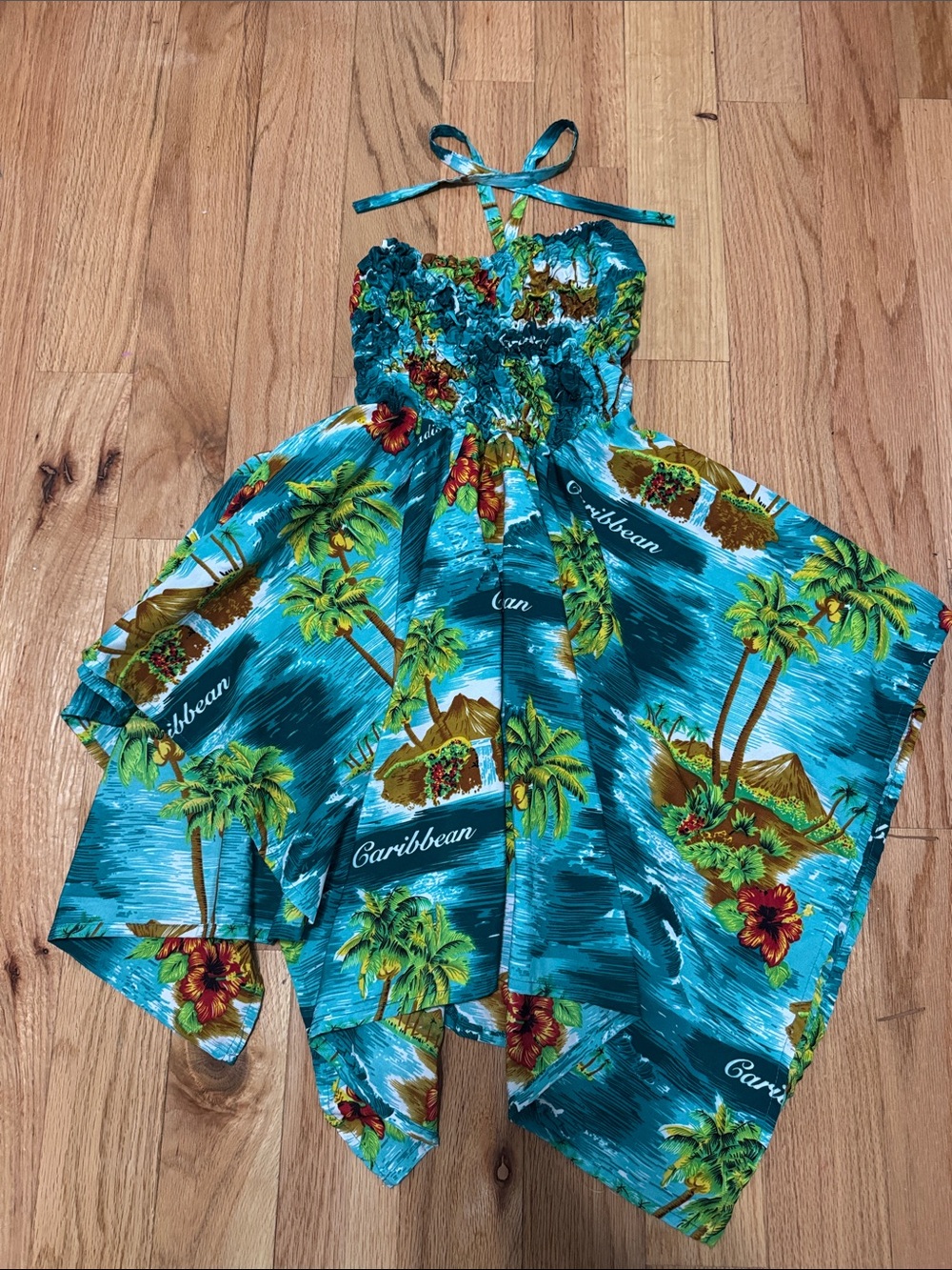 Tropical Halter Handkerchief Dress - Teal with Palm Print